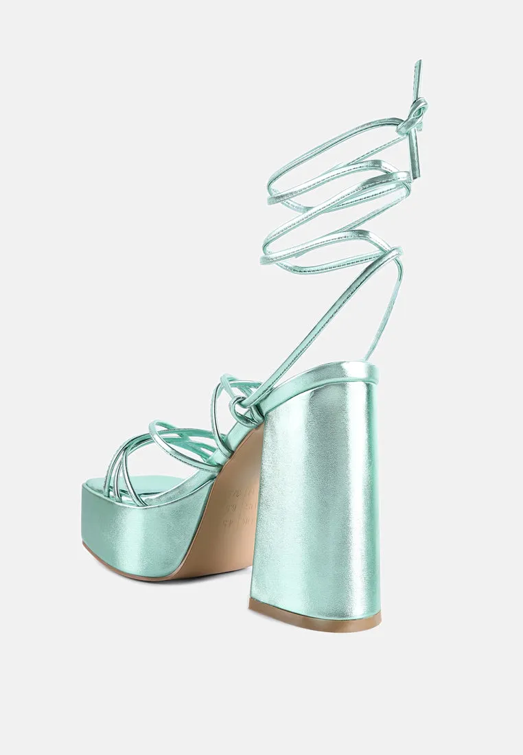 Anvil Metallic Block Heeled Lace Up Sandals