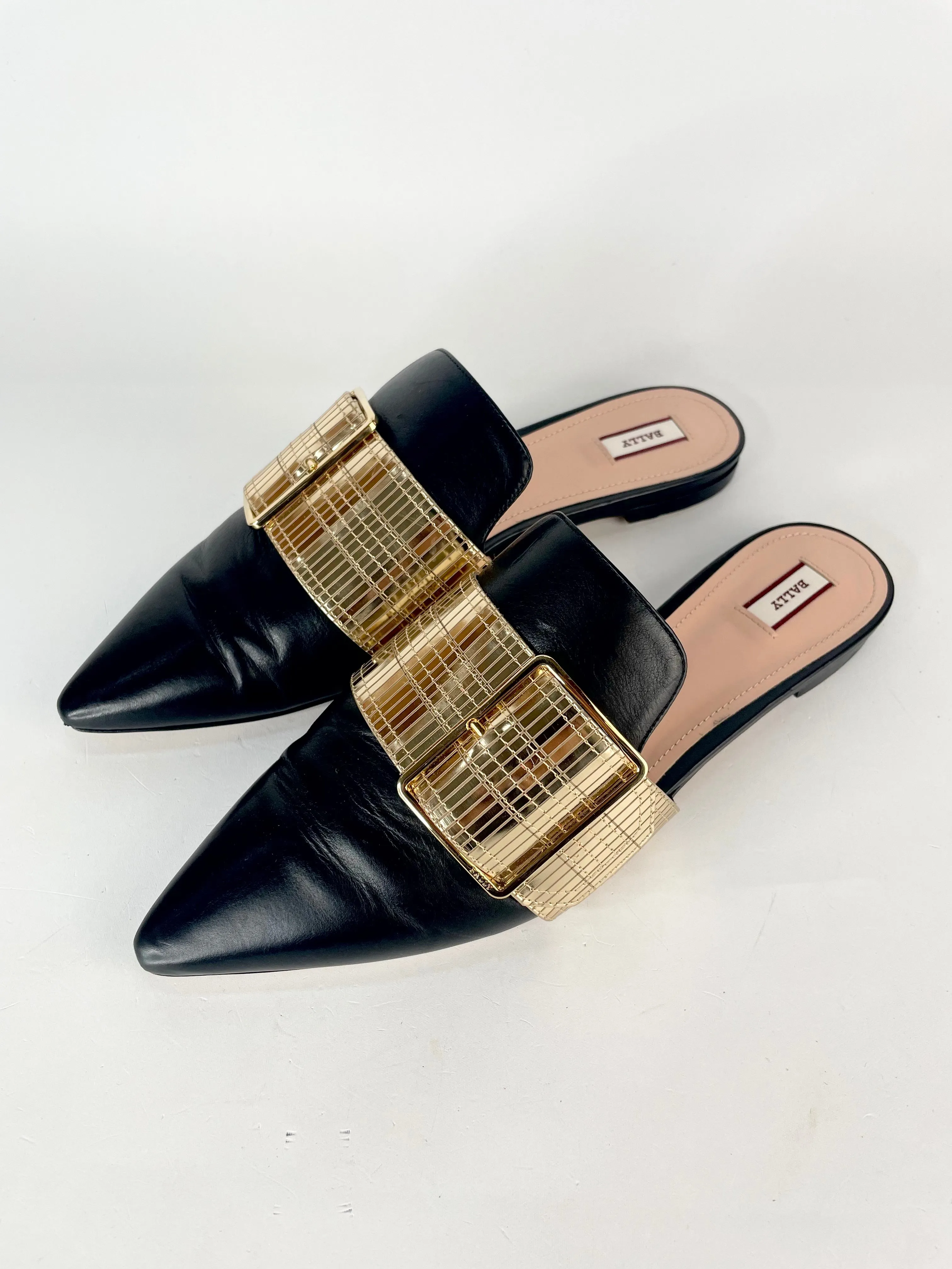 Bally Black & Gold Hamelin Leather Mules - EU41