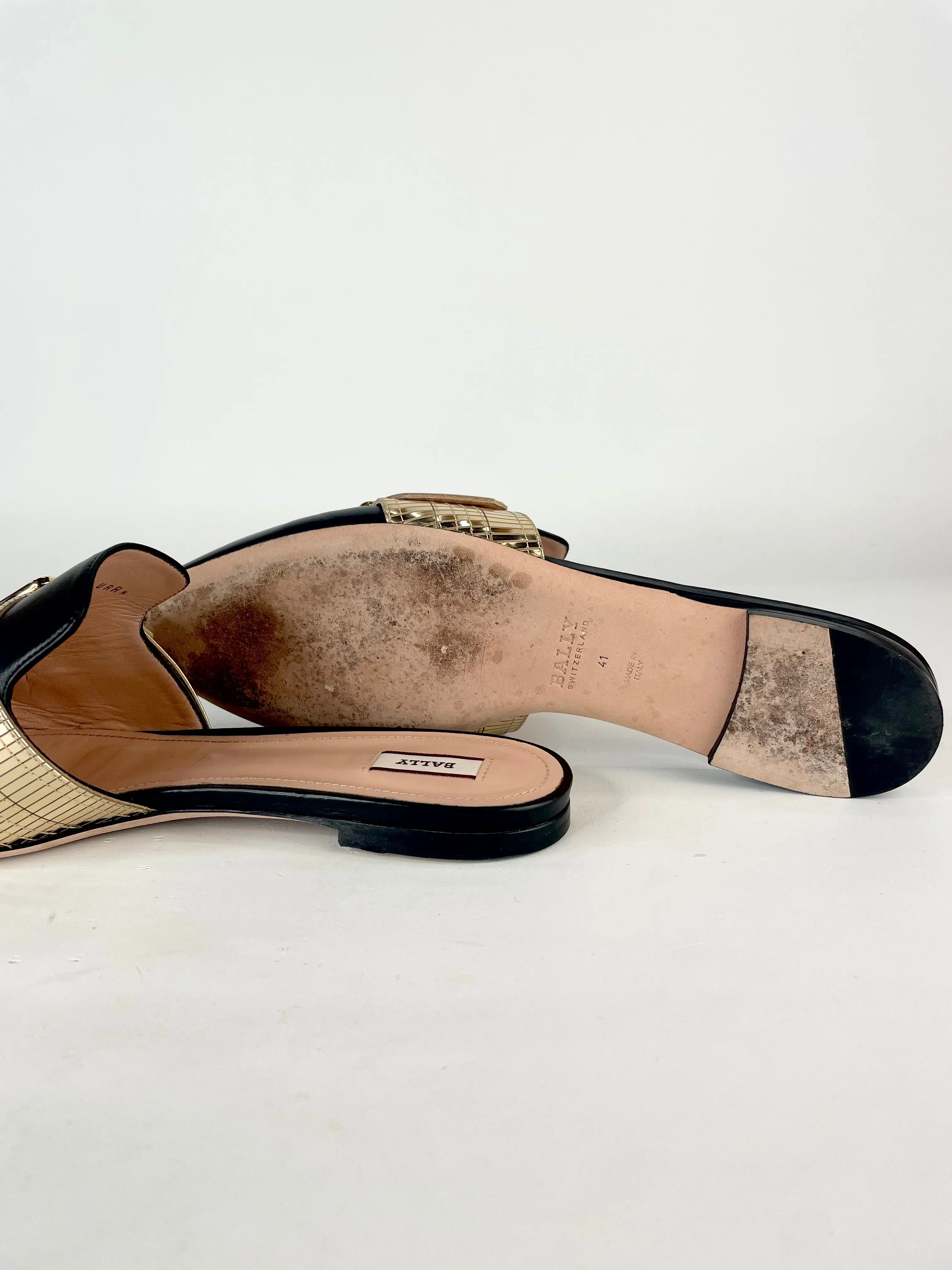 Bally Black & Gold Hamelin Leather Mules - EU41