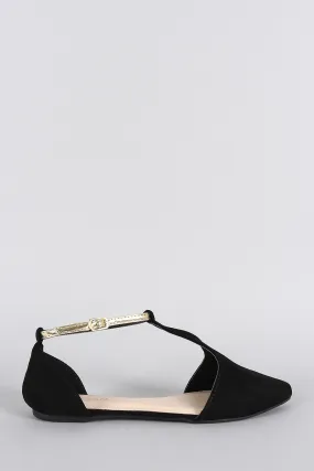 Bamboo Suede Contrast Metallic Ankle Strap Pointy Toe Flat