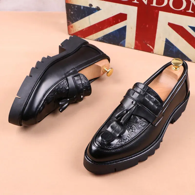 Black Genuine Leather Tassels Loafers