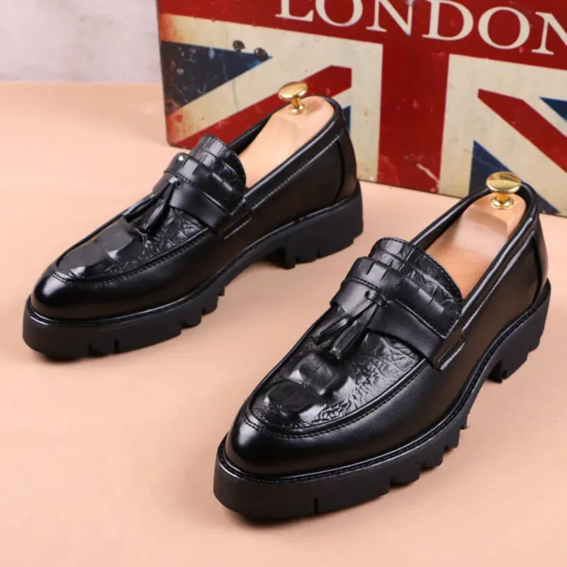 Black Genuine Leather Tassels Loafers