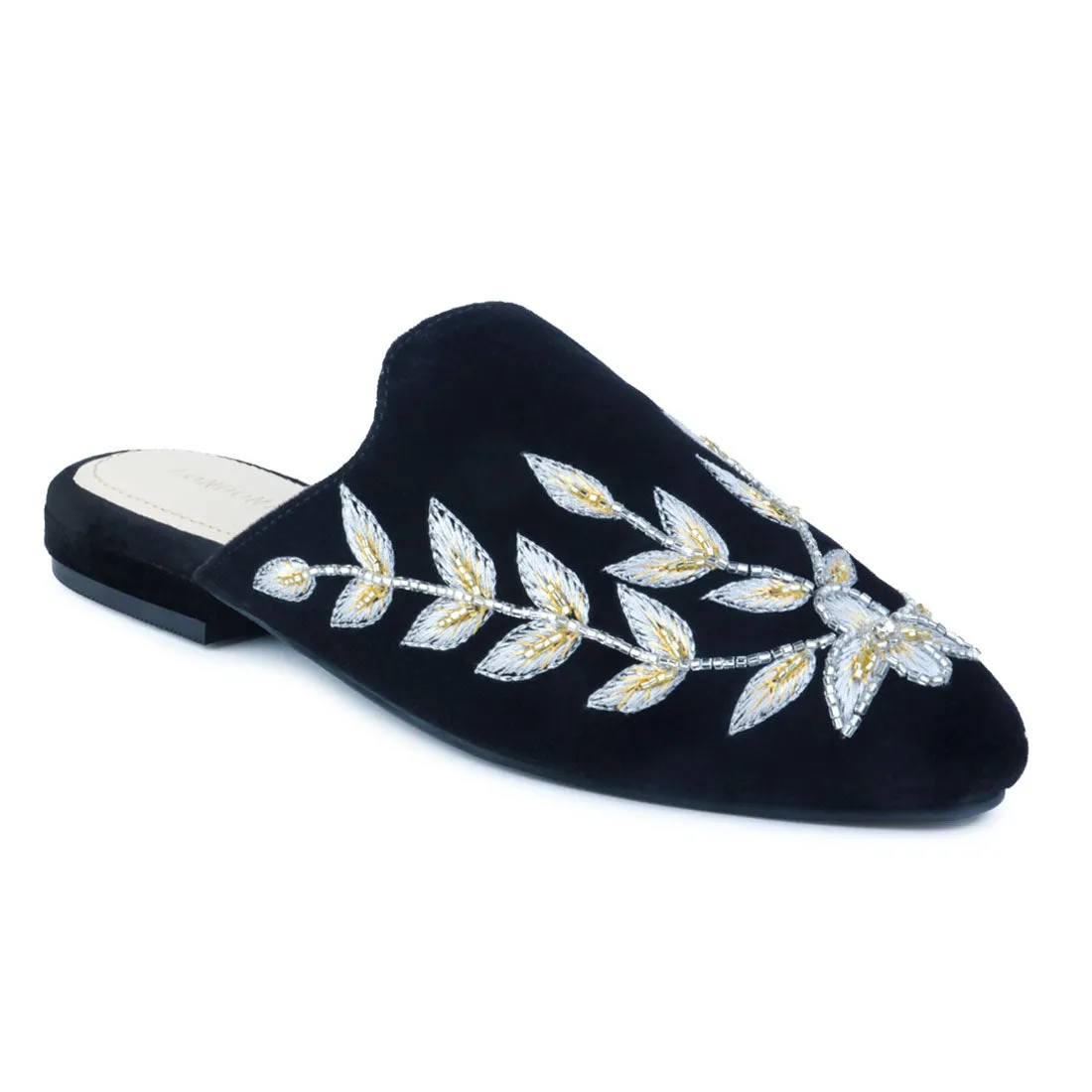 Black Leaf Embroidered Velvet Mules