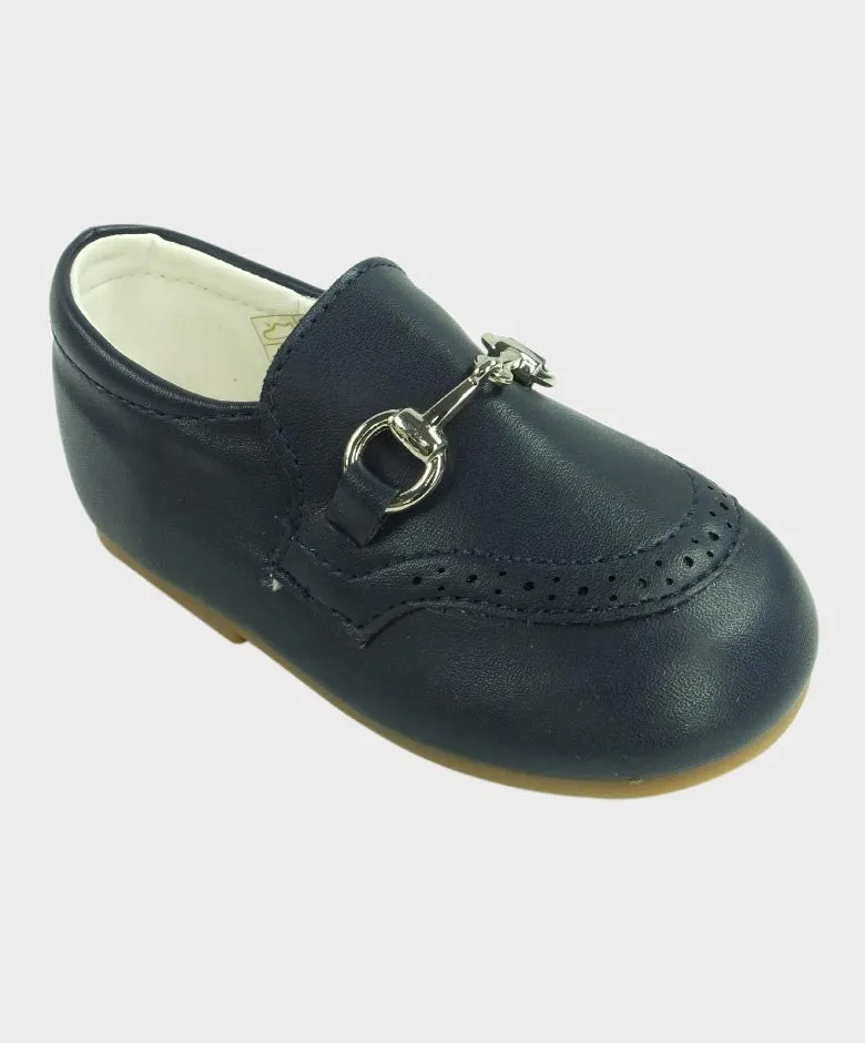 Boys Leather Moccasin Loafers with Silver Horsebit - Navy Blue