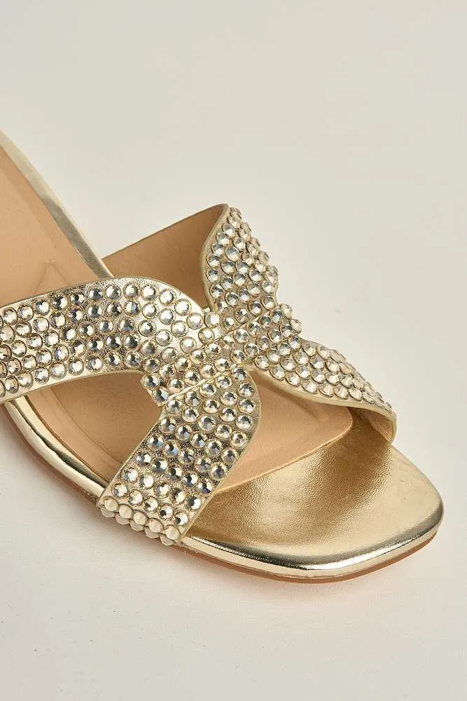 Della Gemstone Embellished Slip On Block Heel Mules in Gold