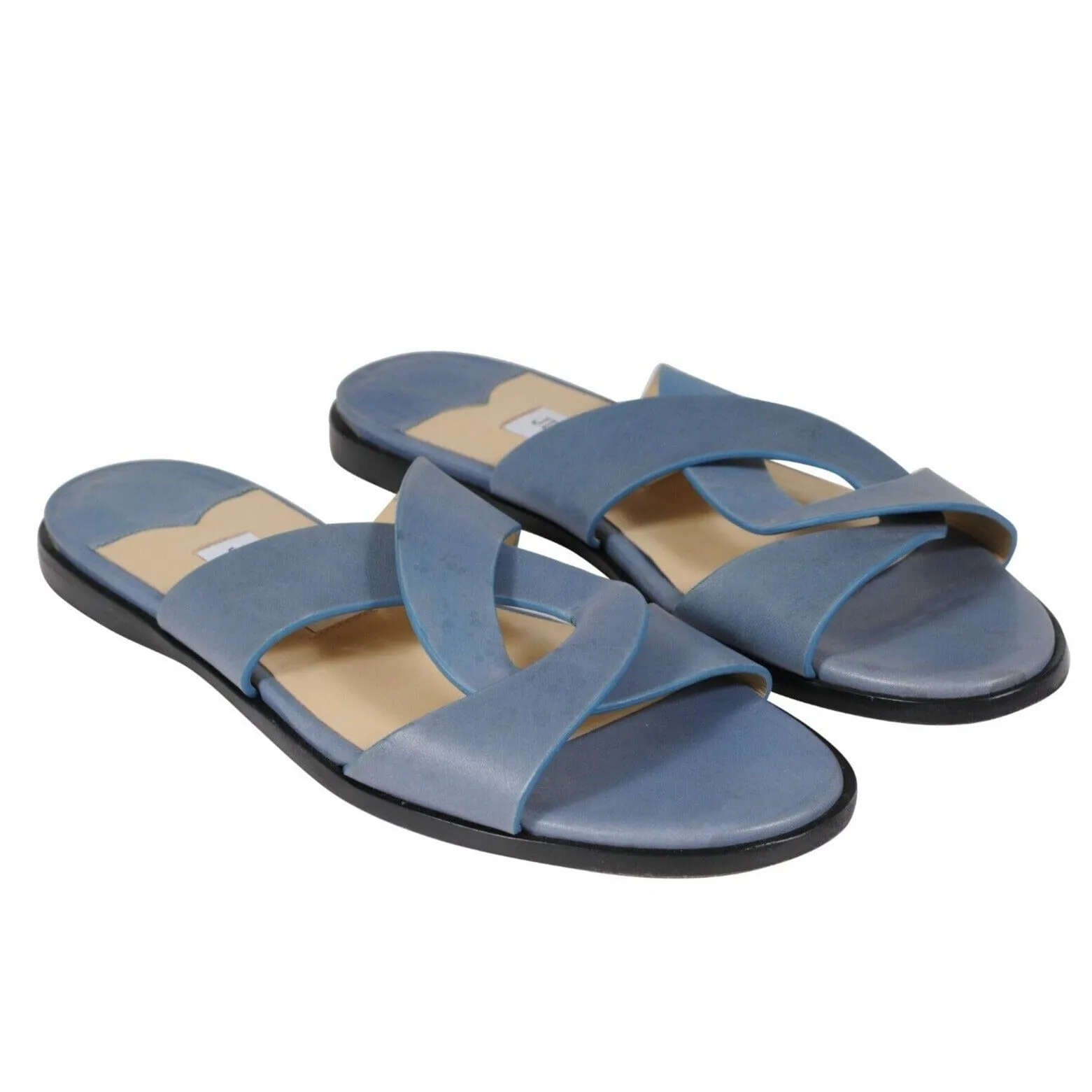 Jimmy Choo Atia Flats Light Blue Leather Sandals Slip On