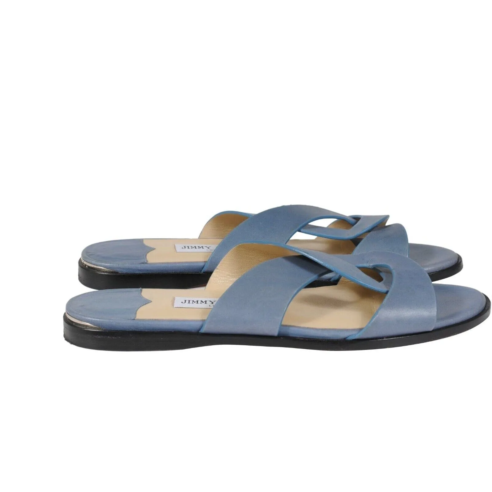 Jimmy Choo Atia Flats Light Blue Leather Sandals Slip On