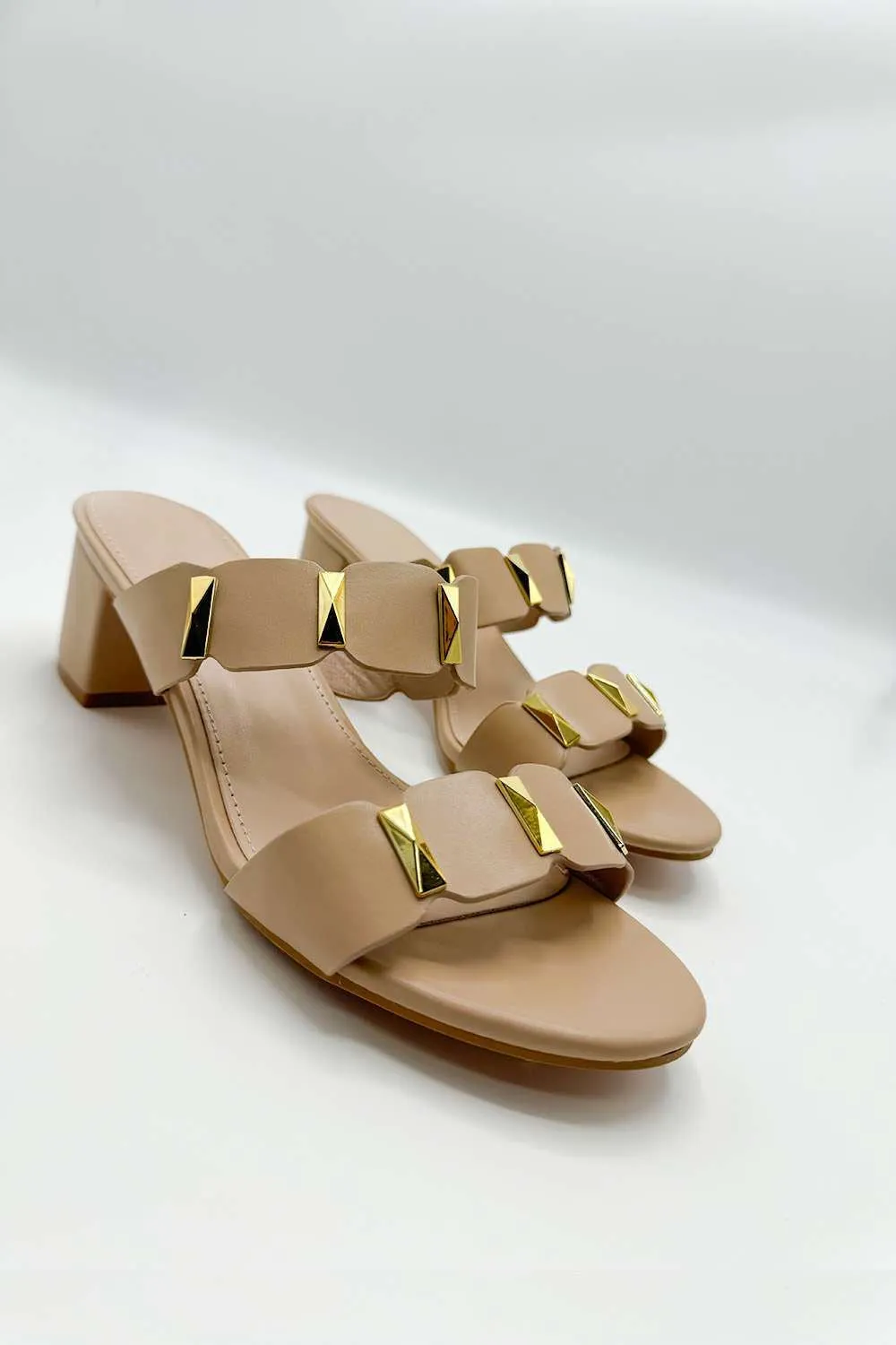 Kolee Stud Detail Block Heel Mules in Beige