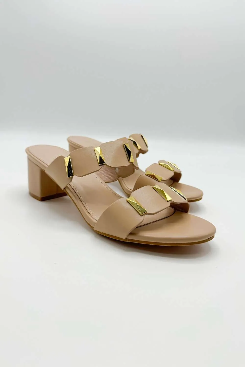 Kolee Stud Detail Block Heel Mules in Beige