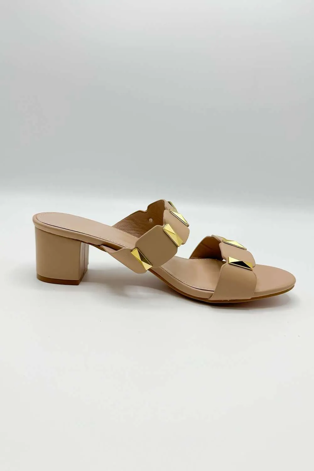 Kolee Stud Detail Block Heel Mules in Beige