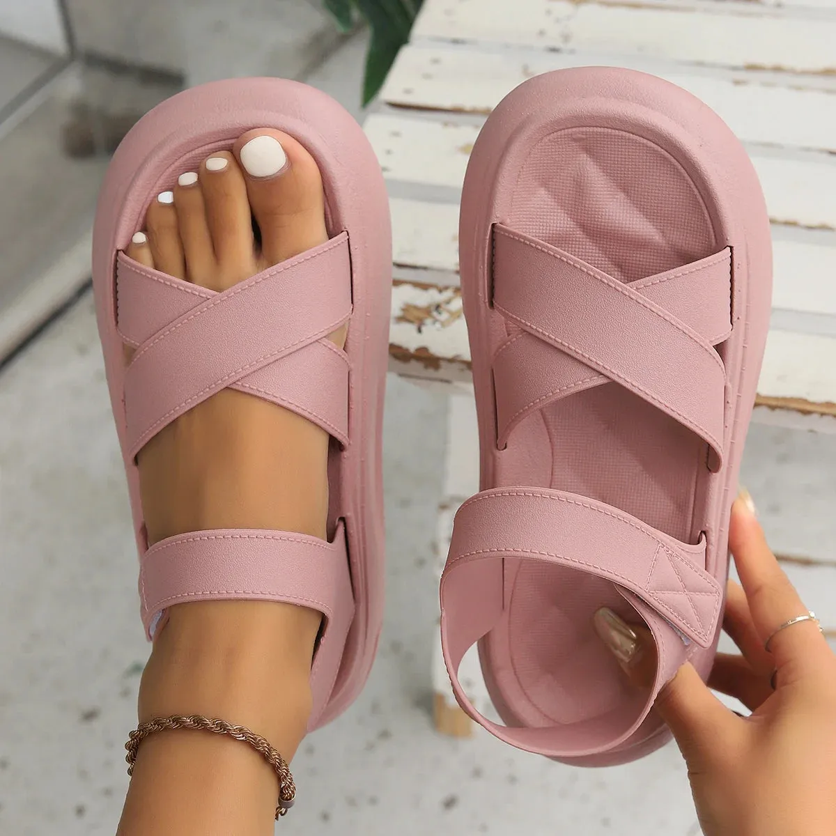 Ladies Fashion Pink Sandals Thickened Elevated Soft Trend Summer Wear