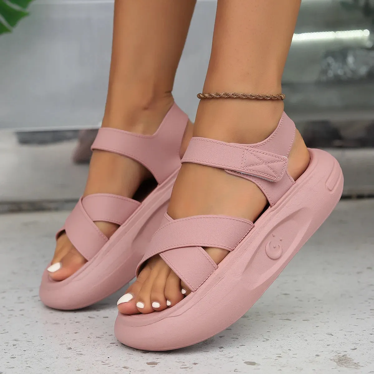 Ladies Fashion Pink Sandals Thickened Elevated Soft Trend Summer Wear