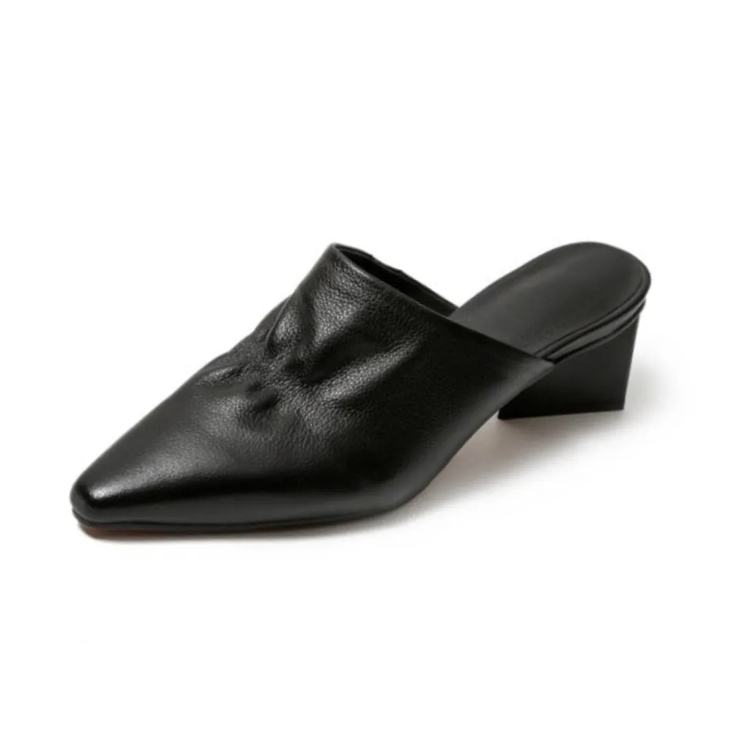 Matea Women's Pleated Genuine Leather Black Mules