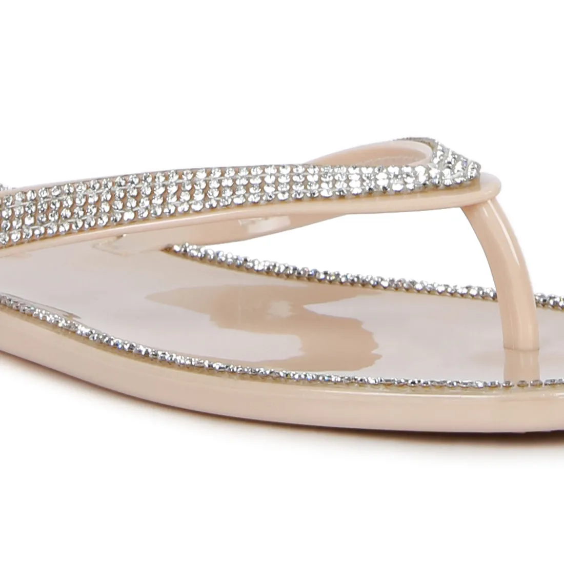 Nude Diamante Stud Detail Thong Flats