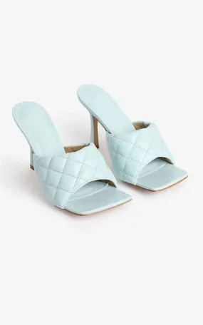 Quilted Block High Heeled Mule Sandal In Mint Blue