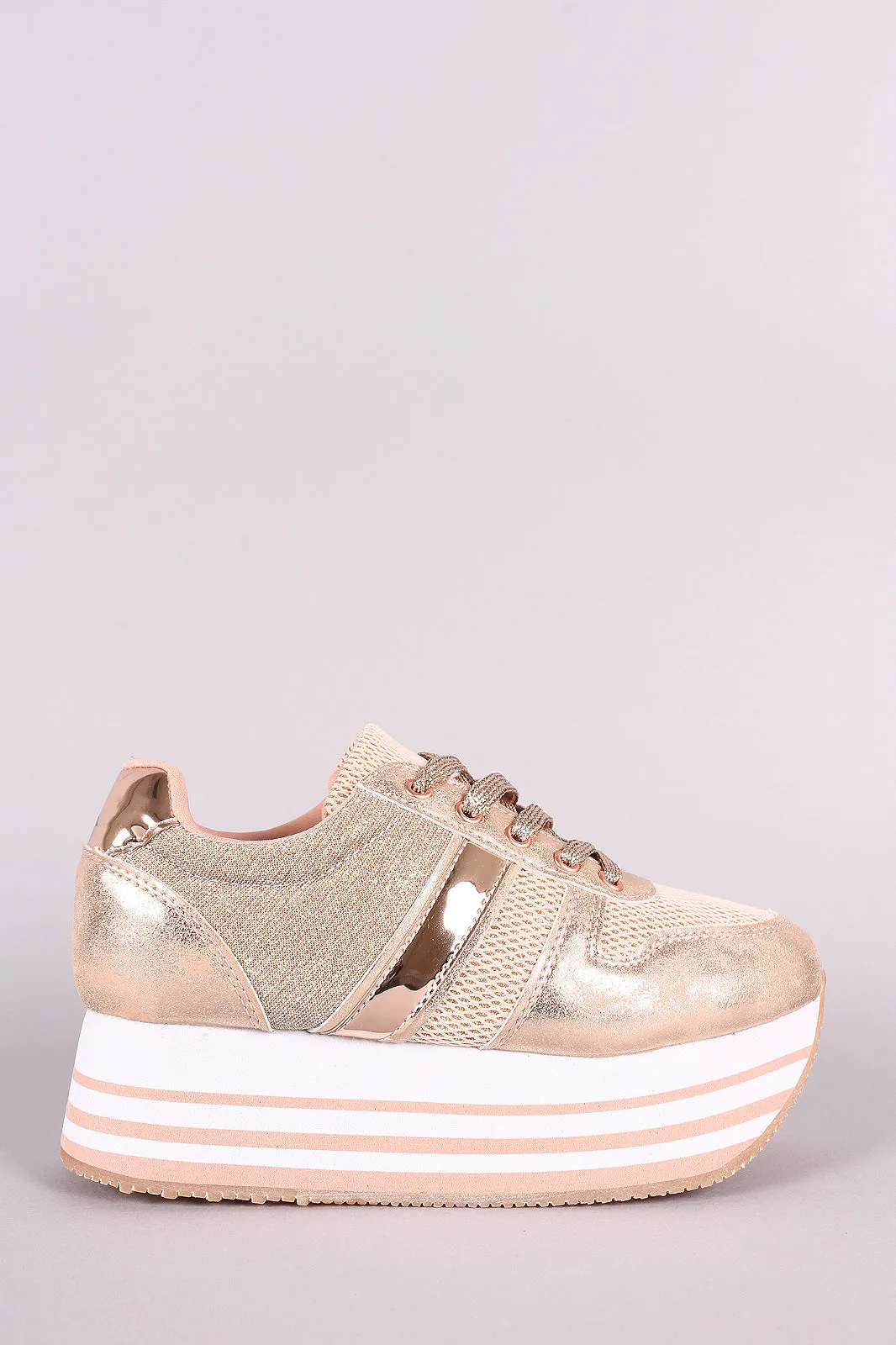 Qupid Shimmer Mesh Stripe Lace-Up Flatform Sneaker