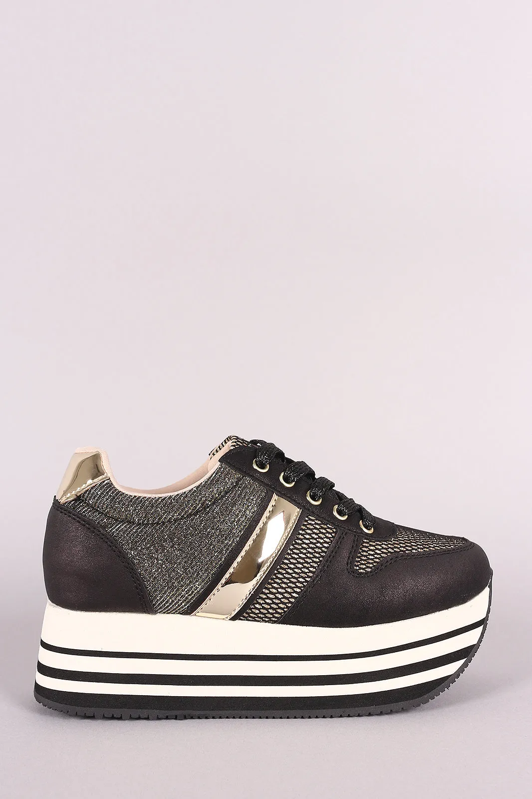 Qupid Shimmer Mesh Stripe Lace-Up Flatform Sneaker