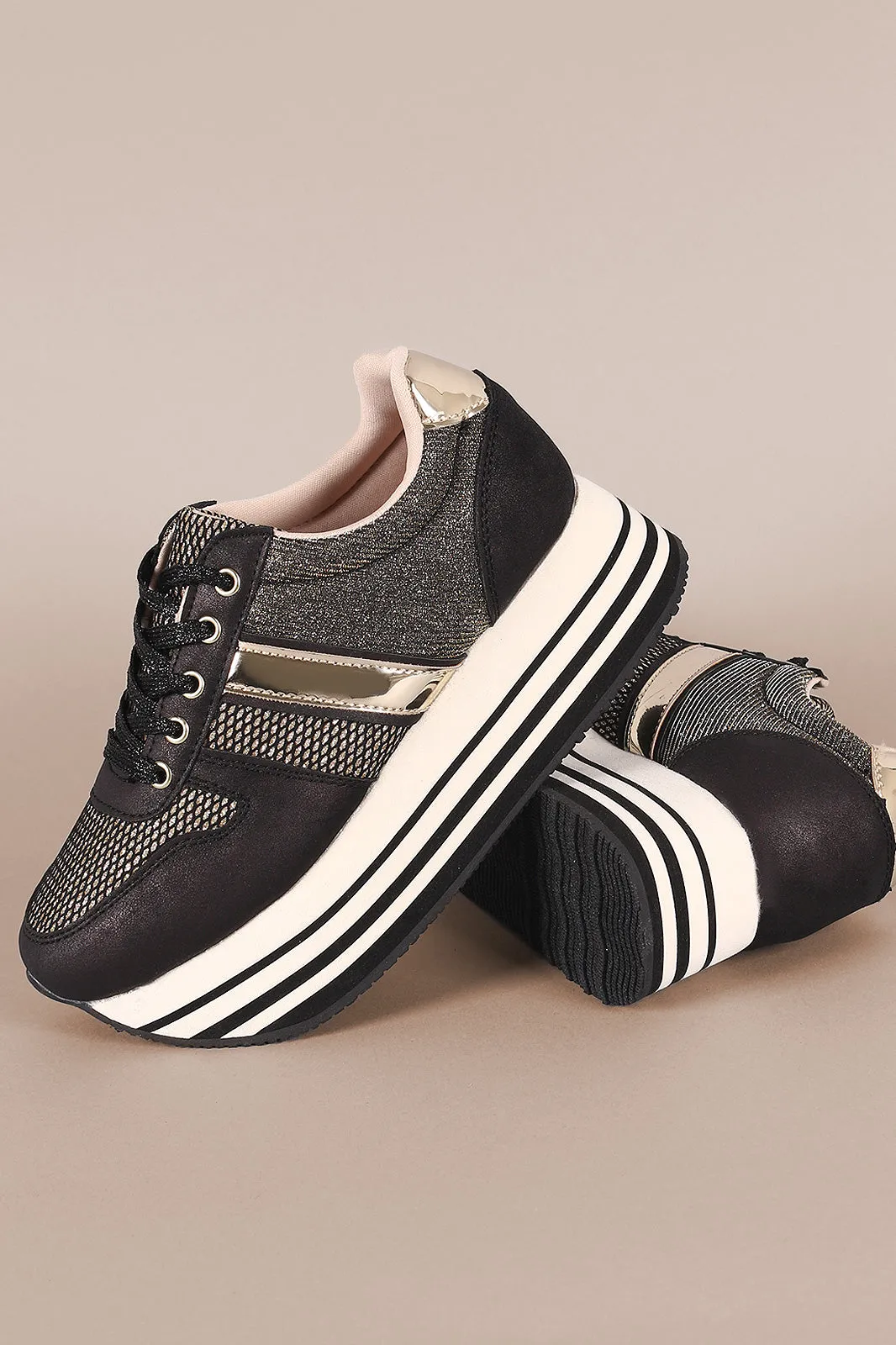 Qupid Shimmer Mesh Stripe Lace-Up Flatform Sneaker