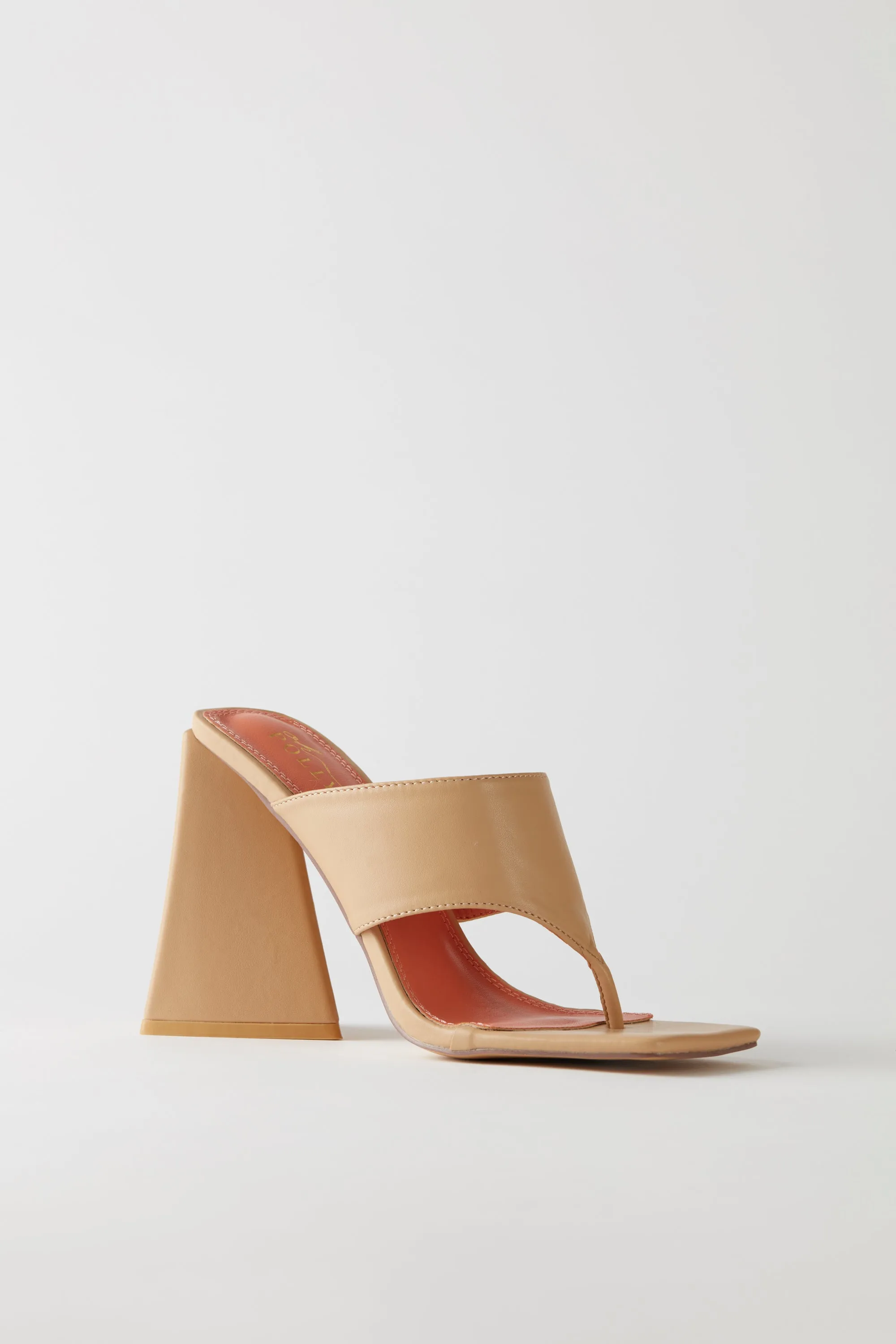 Toe Post Leatherette Mule Heels in Beige