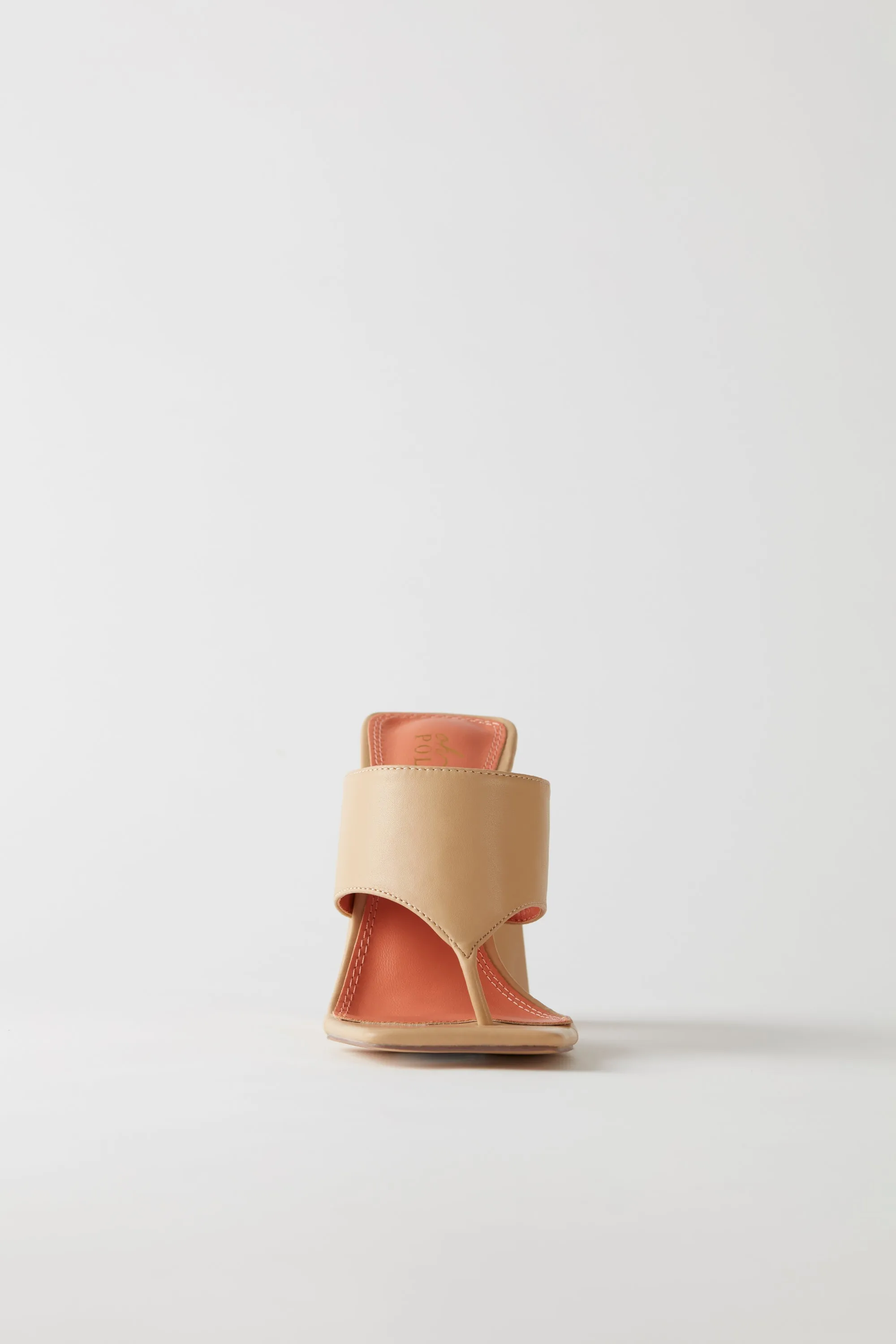 Toe Post Leatherette Mule Heels in Beige