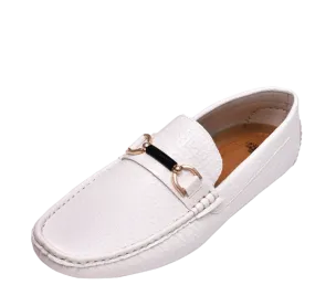 White Men's Leather Loafer Gold Buckle Style MOC-161 By Royal Shoes USA