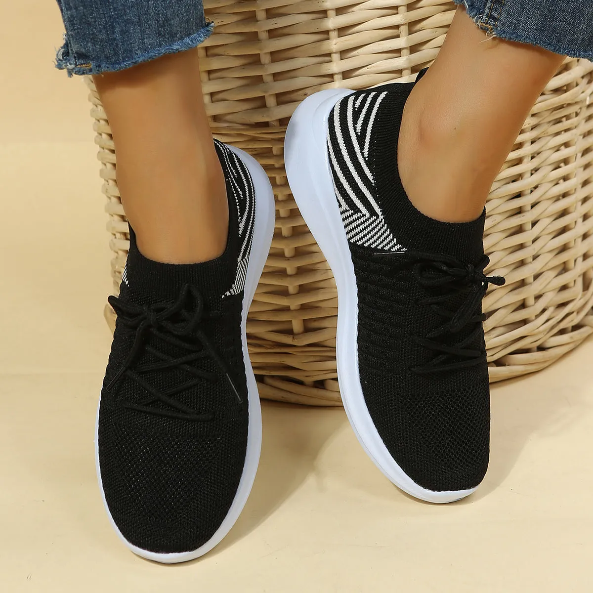 Women's Knit Lightweight Mesh Sneakers, Breathable Mesh Lace-Up Running Shoes, Women's Footwear SE1023