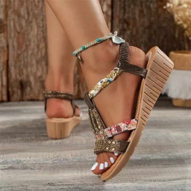 Women's Sandals Boho Bohemia Beach Wedge Sandals Party Daily Beach Summer Sparkling Glitter Wedge Heel Elegant Casual Sweet PU Leather Polyester Elastic Band Color Block Silver Dark Brown Black