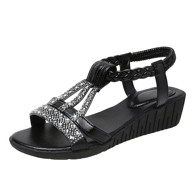 Women's Sandals Boho Bohemia Beach Wedge Sandals Party Daily Beach Summer Sparkling Glitter Wedge Heel Elegant Casual Sweet PU Leather Polyester Elastic Band Color Block Silver Dark Brown Black