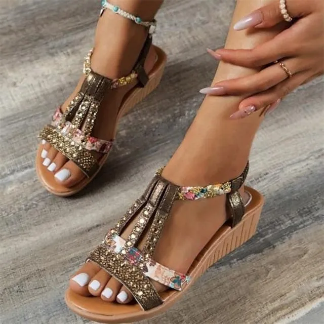 Women's Sandals Boho Bohemia Beach Wedge Sandals Party Daily Beach Summer Sparkling Glitter Wedge Heel Elegant Casual Sweet PU Leather Polyester Elastic Band Color Block Silver Dark Brown Black