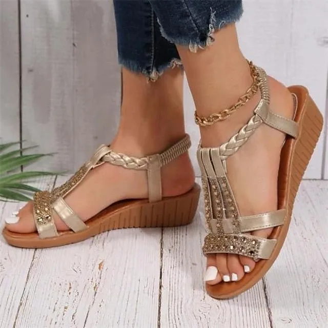 Women's Sandals Boho Bohemia Beach Wedge Sandals Party Daily Beach Summer Sparkling Glitter Wedge Heel Elegant Casual Sweet PU Leather Polyester Elastic Band Color Block Silver Dark Brown Black