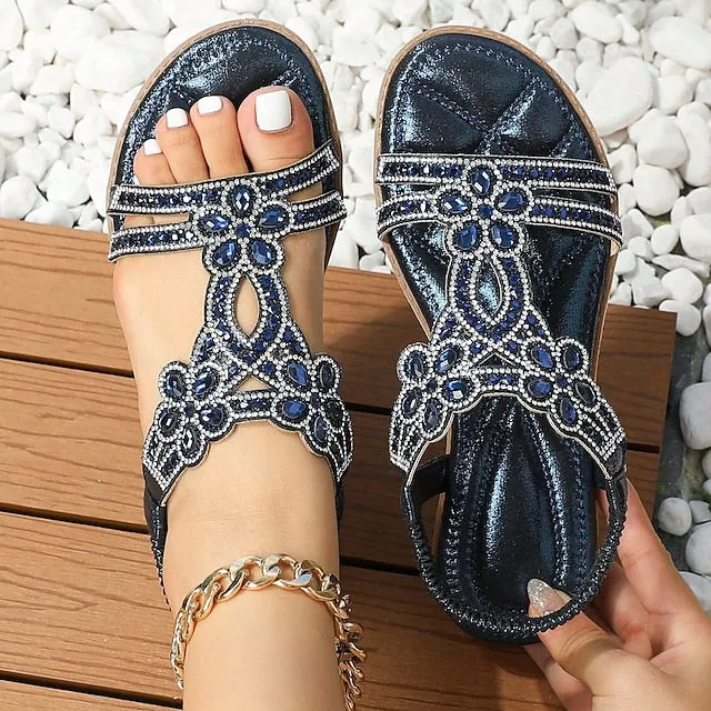 Women's Sandals Flat Sandals Outdoor Beach Summer Rhinestone Flat Heel Elegant Casual Minimalism Microfiber Elastic Band Silver Black White